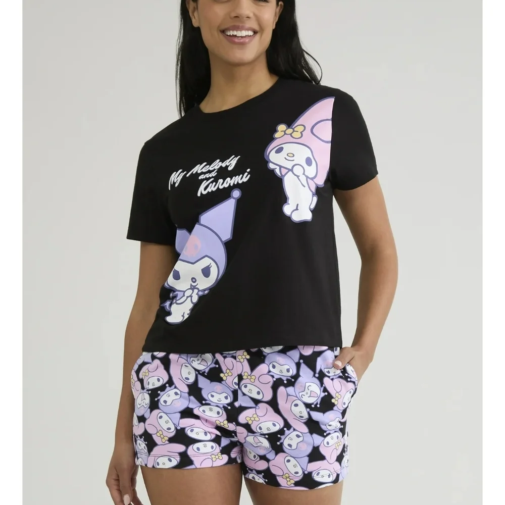 Sanrio Black and Pink Pajama Set with Cartoon Prints